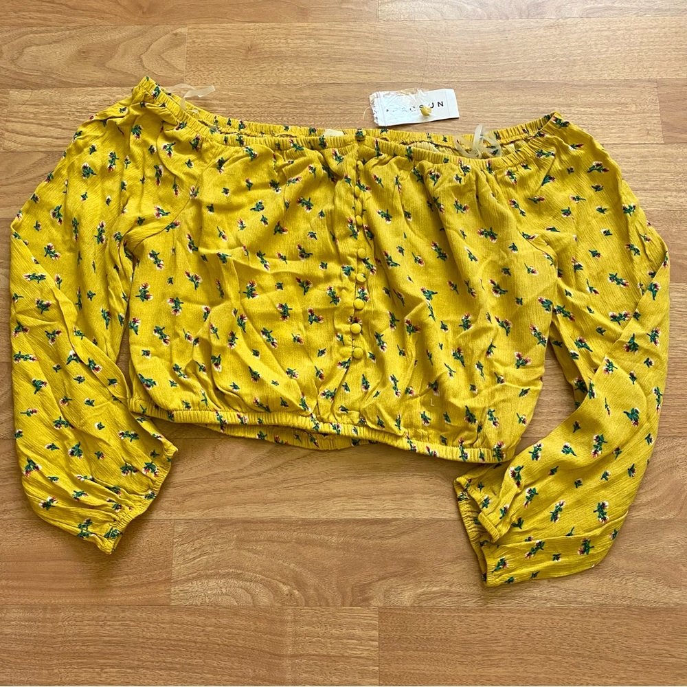 NWT PacSun Mustard Yellow Floral Shoulder Crop Top